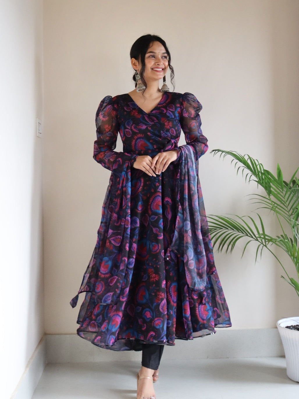 Trendy Digital Printed Black Georgette Anarkali Suit