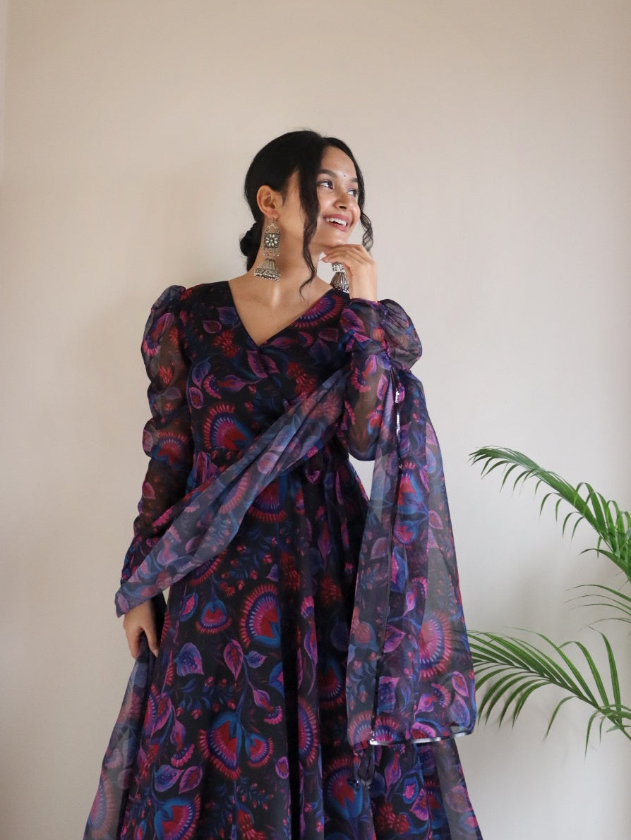 Trendy Digital Printed Black Georgette Anarkali Suit