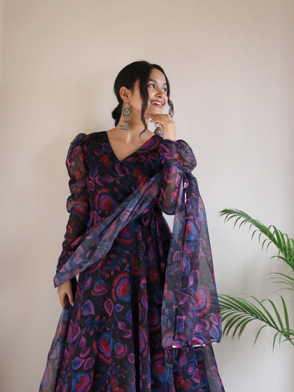 Trendy Digital Printed Black Georgette Anarkali Suit
