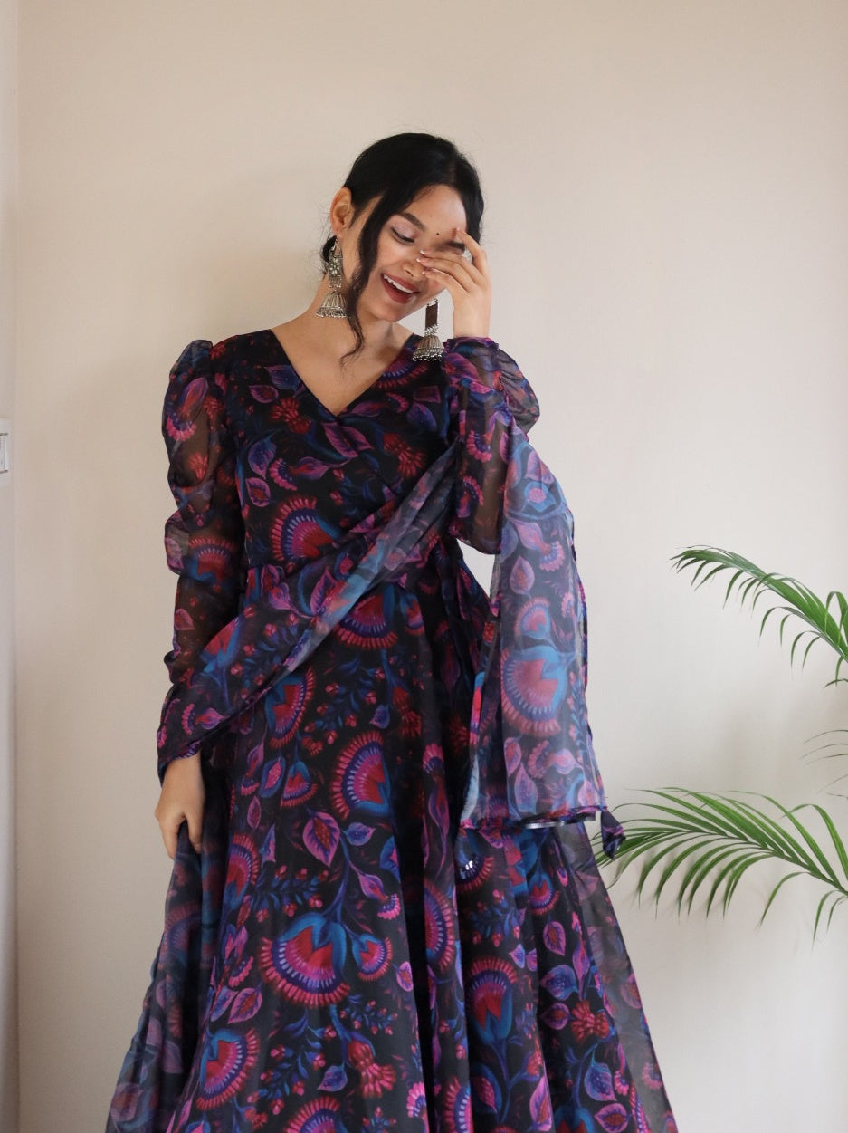 Trendy Digital Printed Black Georgette Anarkali Suit