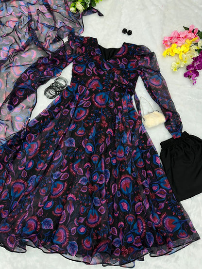 Trendy Digital Printed Black Georgette Anarkali Suit