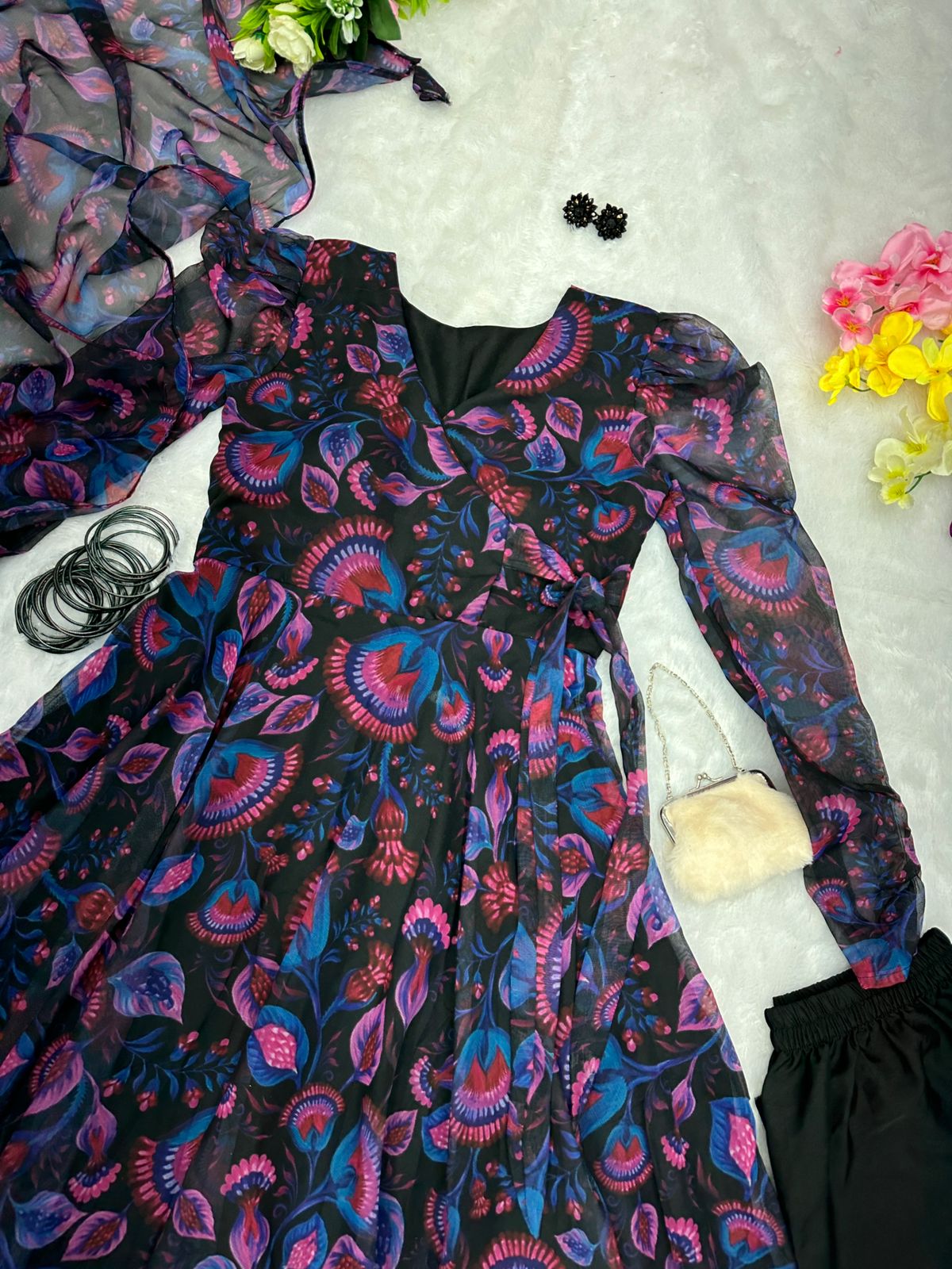 Trendy Digital Printed Black Georgette Anarkali Suit