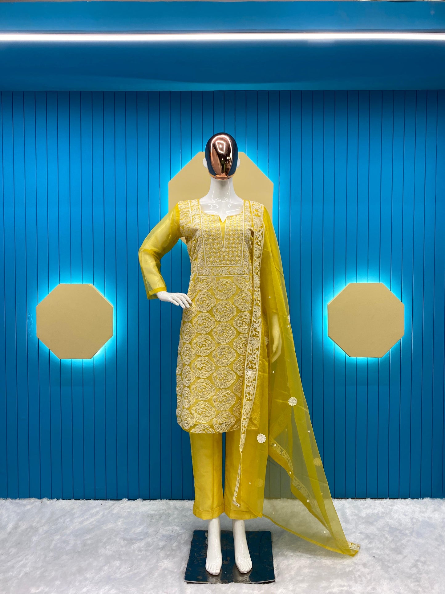 Yellow Color Organza Thread And Moti Work Salwar Suit