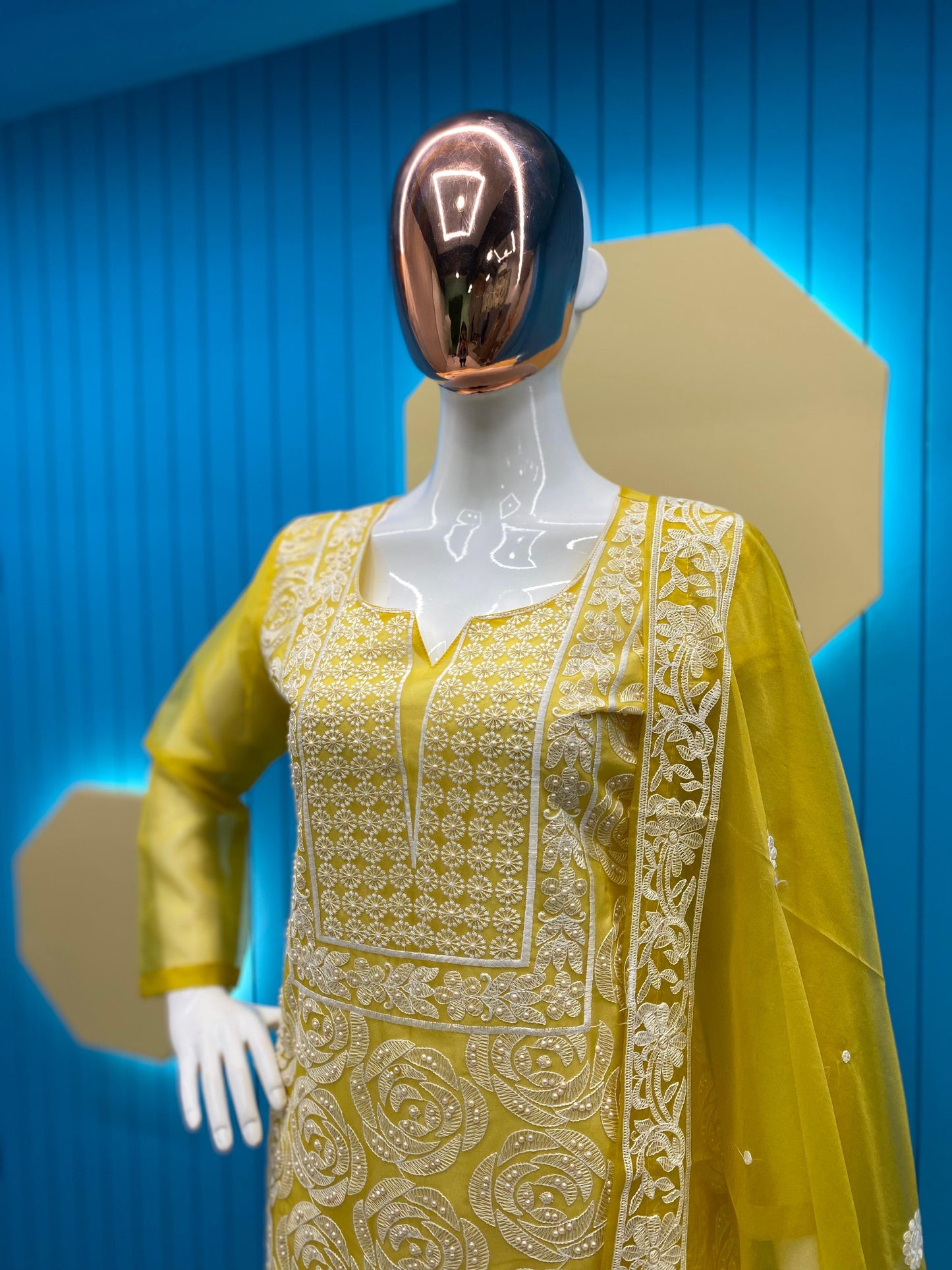 Yellow Color Organza Thread And Moti Work Salwar Suit