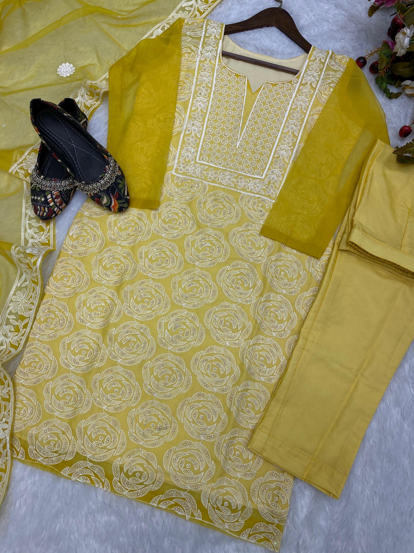 Yellow Color Organza Thread And Moti Work Salwar Suit