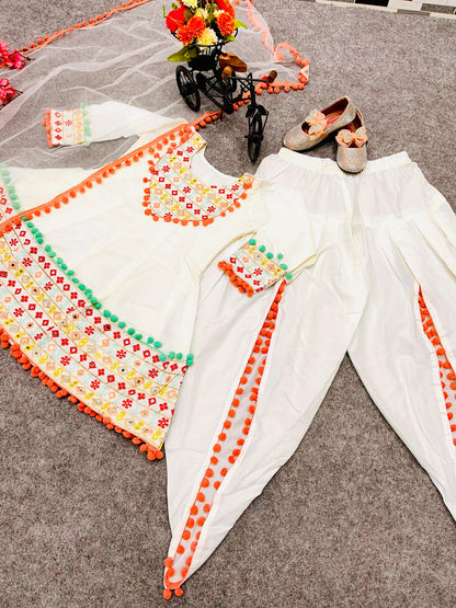 Girls White Color Multi Thread Work Dhoti Suit