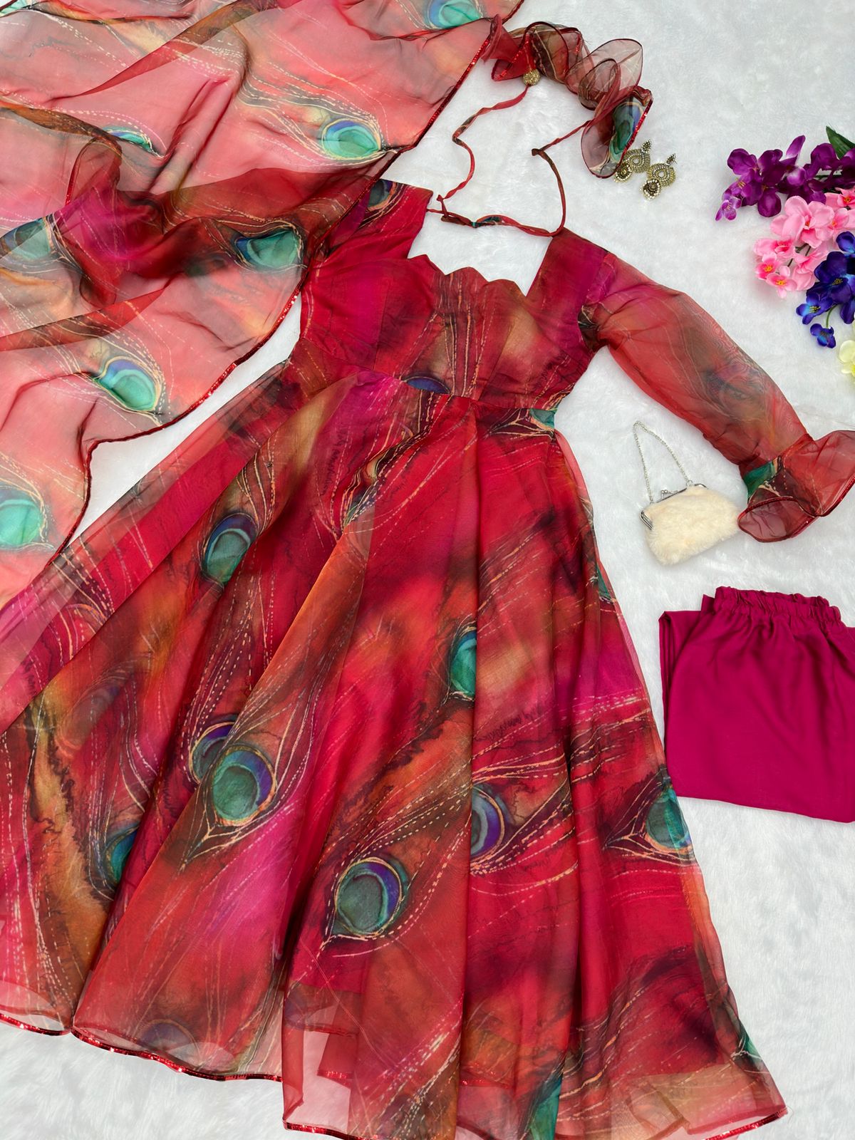 Feather Print Red Color Organza Silk Anarkali Suit