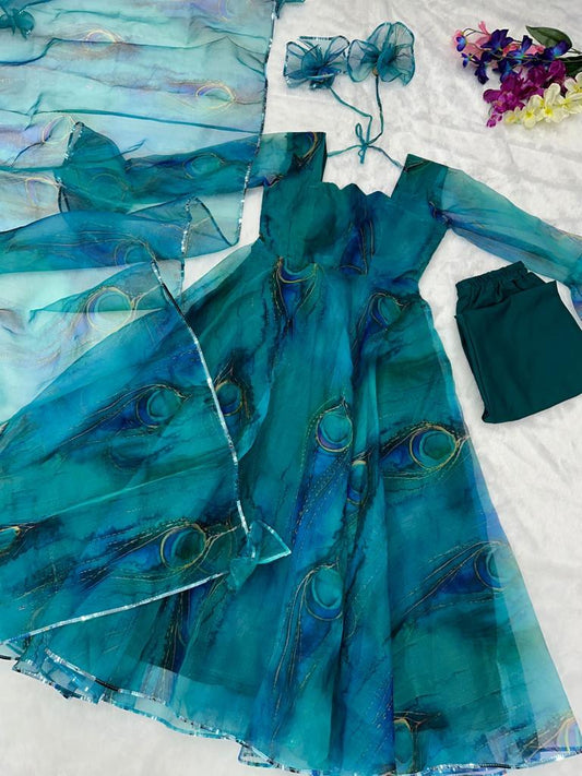 Feather Print Teal Blue Color Organza Silk Anarkali Suit