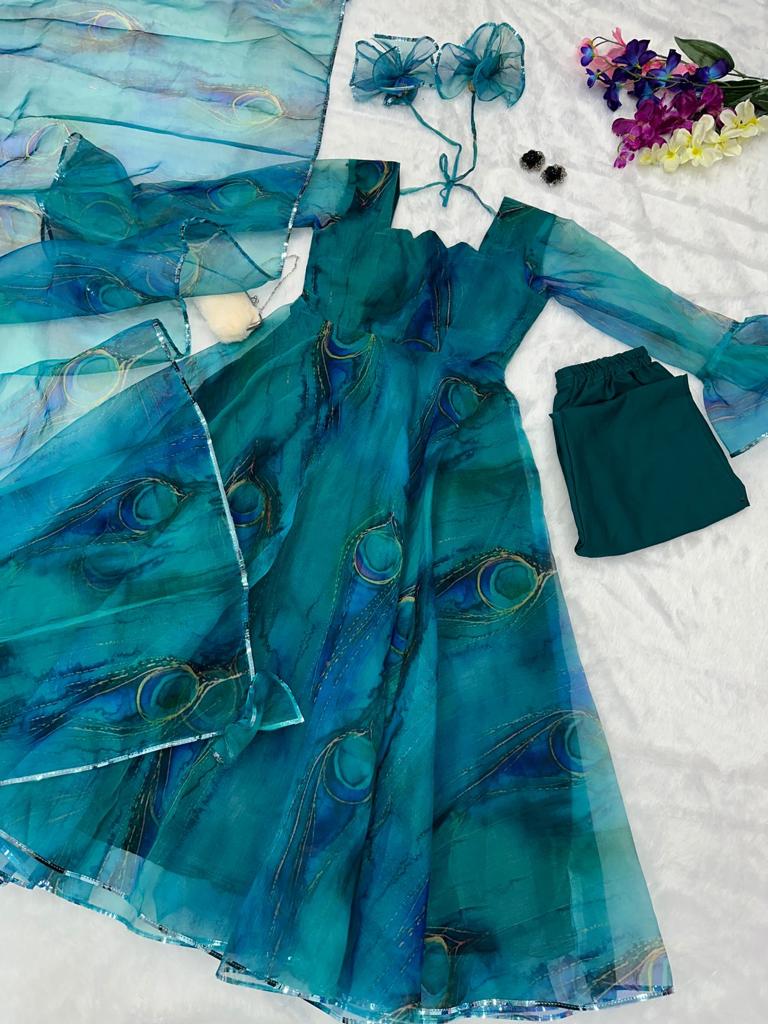 Feather Print Teal Blue Color Organza Silk Anarkali Suit