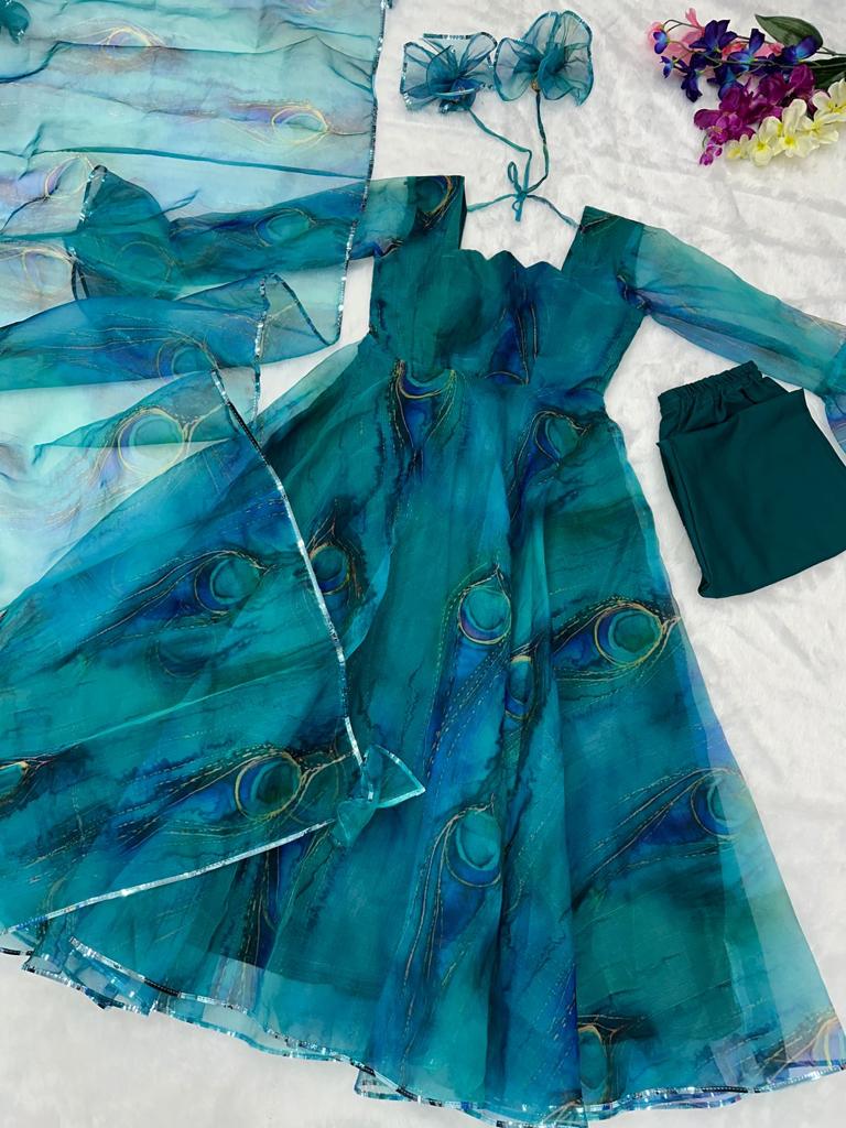 Feather Print Teal Blue Color Organza Silk Anarkali Suit