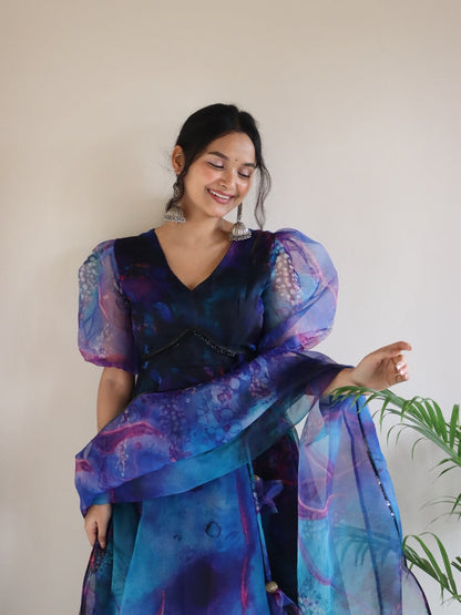 Blue Color Organza Digital Printed Anarkali Suit