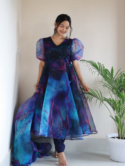 Blue Color Organza Digital Printed Anarkali Suit