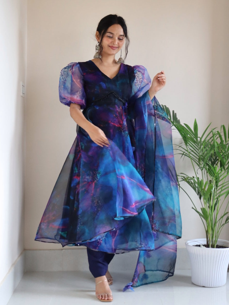 Blue Color Organza Digital Printed Anarkali Suit