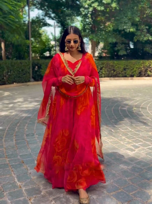 Wonderful Red Color Digital Printed Gown