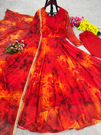 Wonderful Red Color Digital Printed Gown