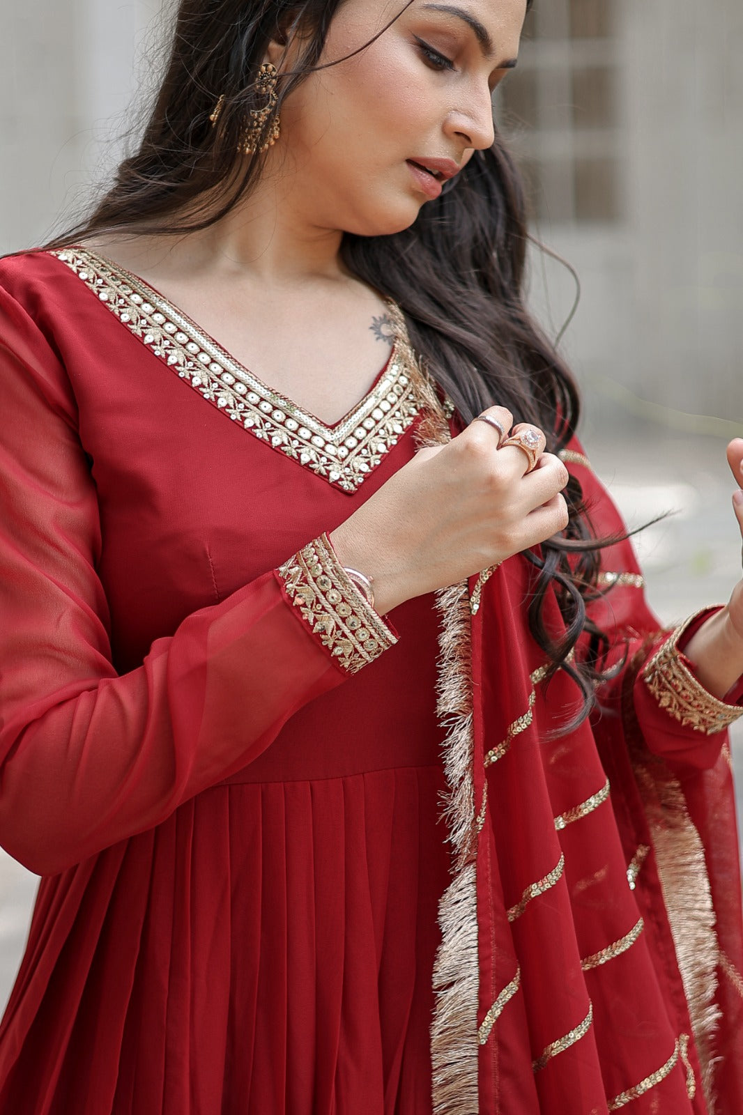 Gorgeous Maroon Color Sequence Work Gown With Heavy Dupatta