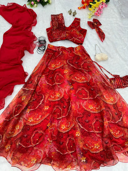 Eyes Catching Red Color Organza Silk Lehenga Choli