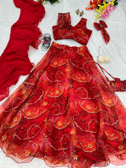 Eyes Catching Red Color Organza Silk Lehenga Choli