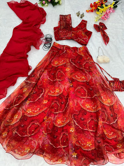 Eyes Catching Red Color Organza Silk Lehenga Choli