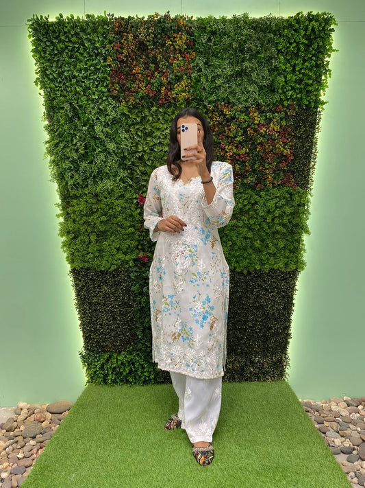 Digital Print With Work White Color Kurti Palazzo