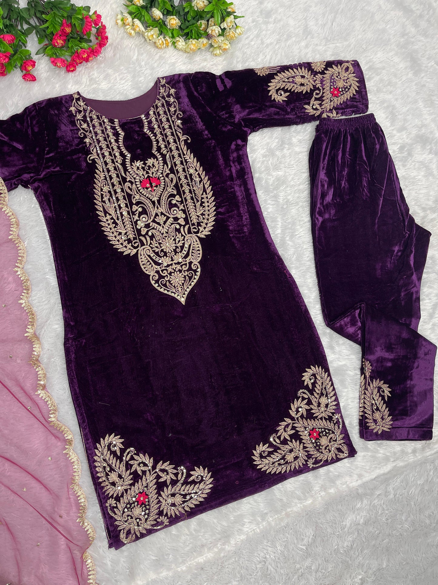Purple Color Velvet Sequence Work Plazzo Suit