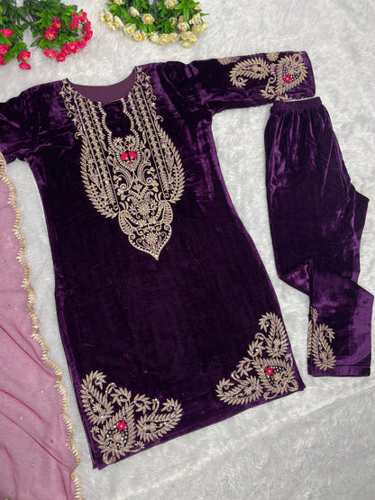 Purple Color Velvet Sequence Work Plazzo Suit