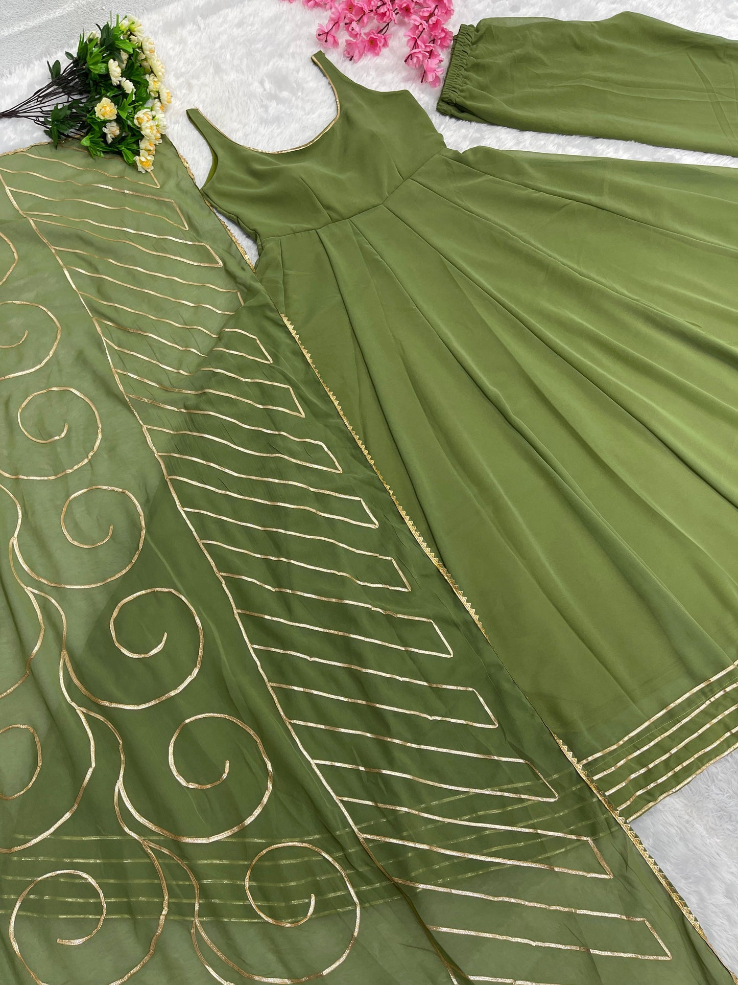 Decent Gota Patti Work Mehndi Color Gown