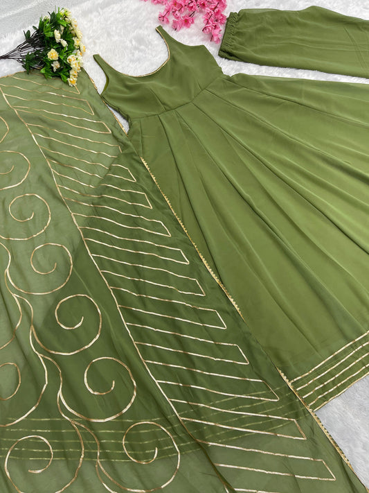 Decent Gota Patti Work Mehndi Color Gown