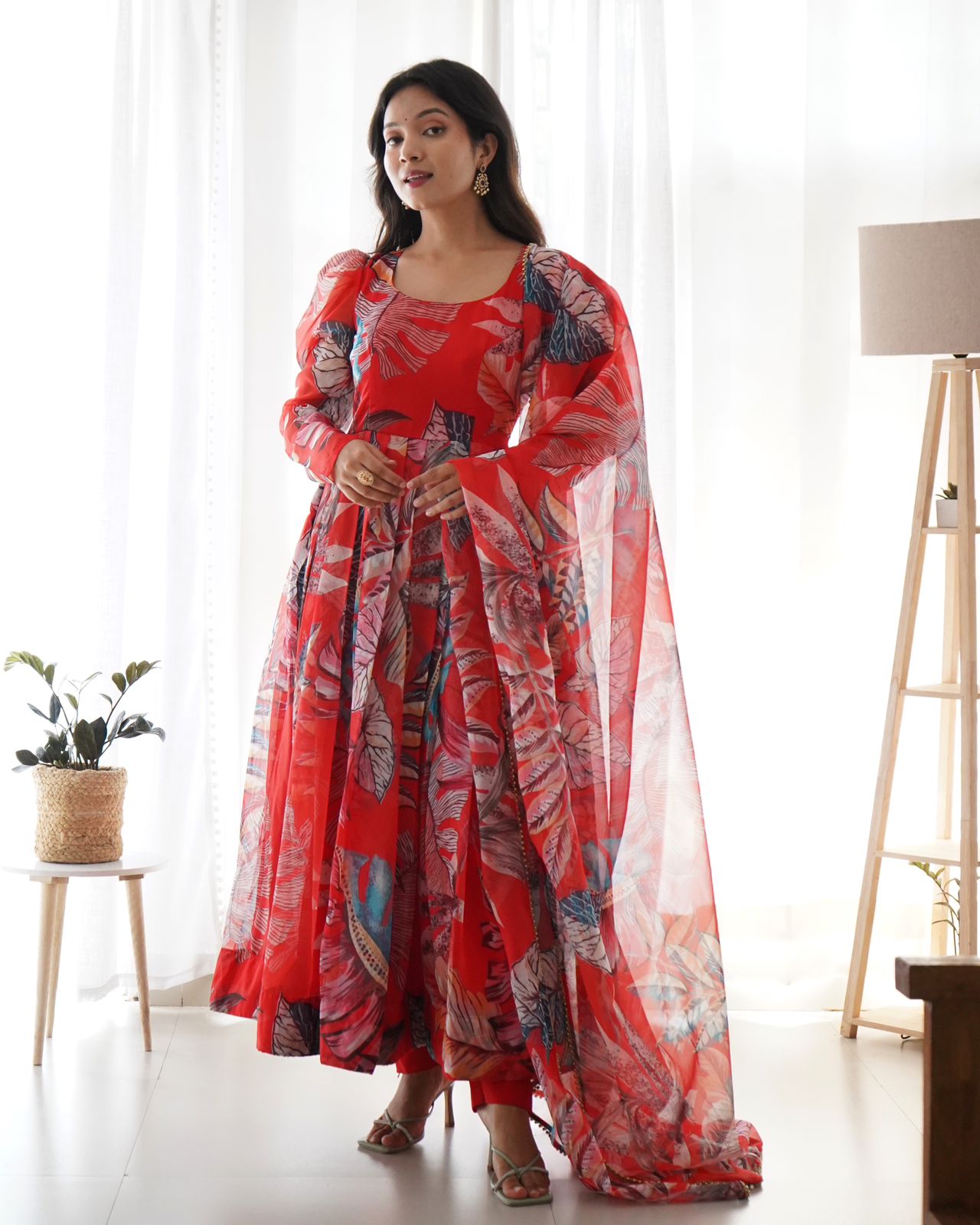 Red Color Multi Design Organza Anarkali Gown