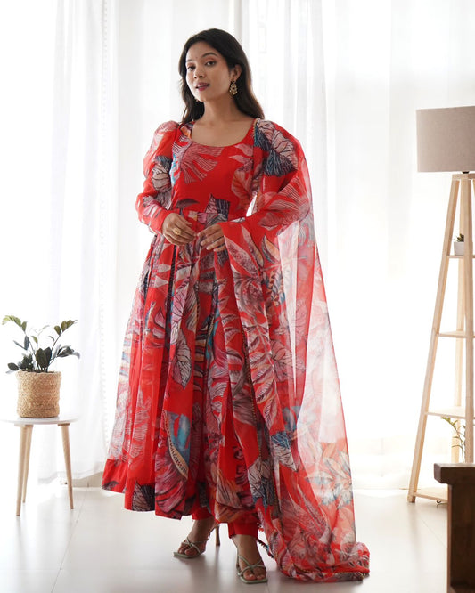 Red Color Multi Design Organza Anarkali Gown