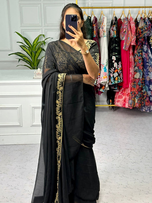 Pretty Black Color Embroidery Work Lehenga Saree