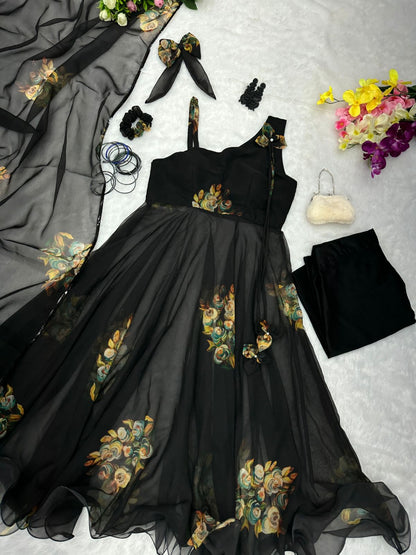 Party Wear Black Color Flower Print Anarkali Suit