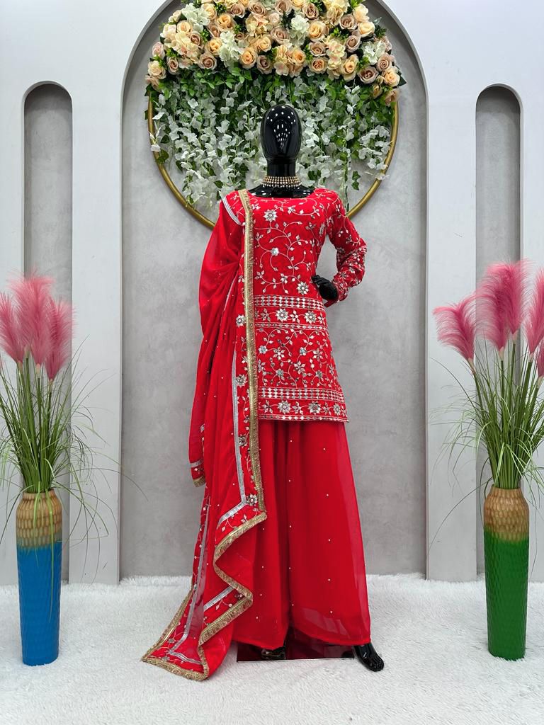 Amazing Red Embroidery Sequence Work Sharara Suit