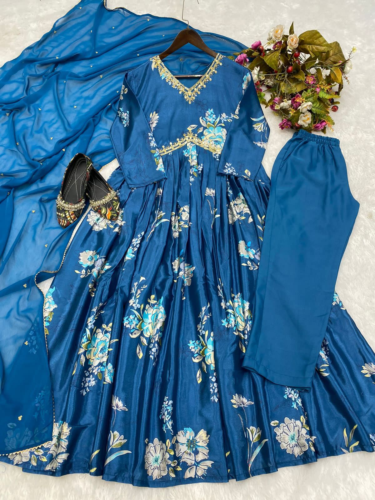 Royal Blue Embroidery Work Kurti Pant With Dupatta