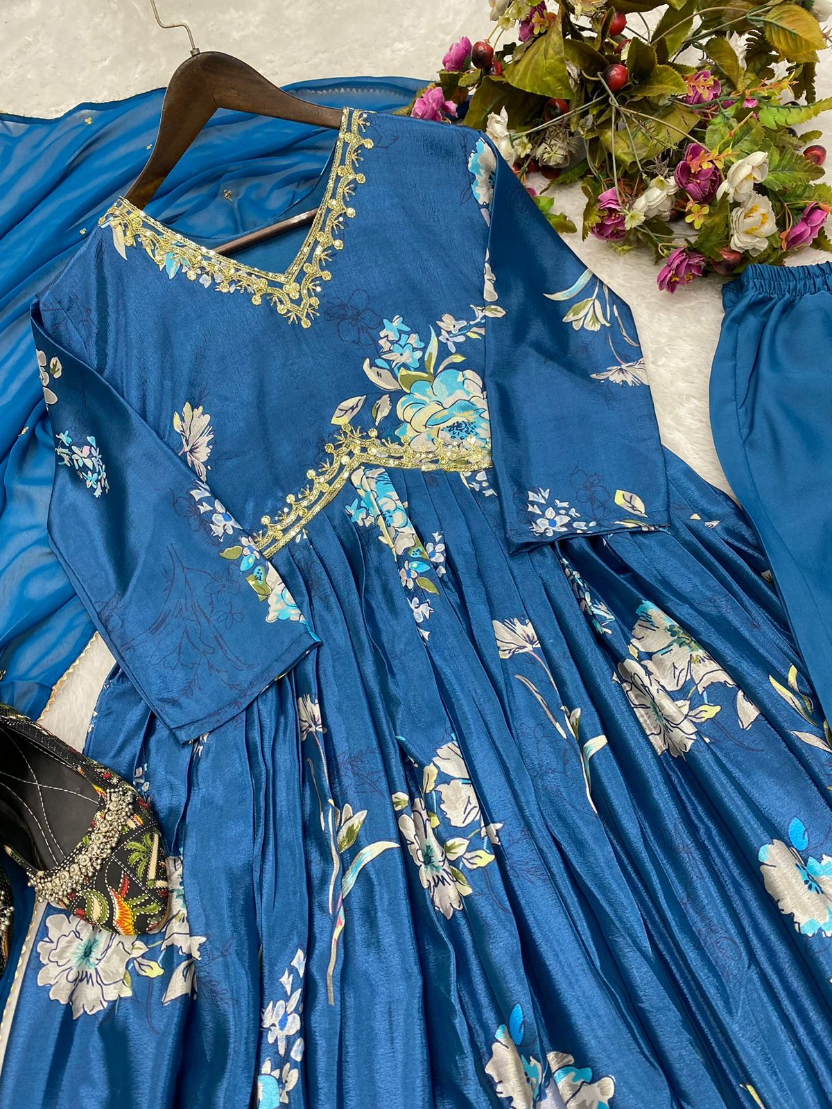 Royal Blue Embroidery Work Kurti Pant With Dupatta