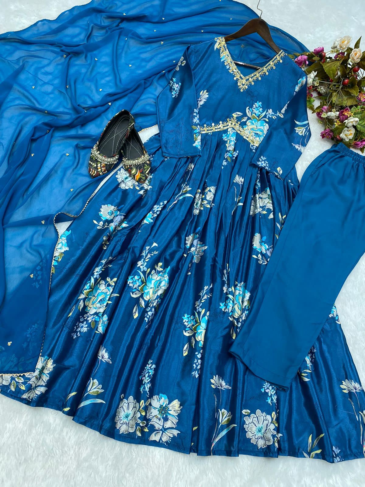 Royal Blue Embroidery Work Kurti Pant With Dupatta