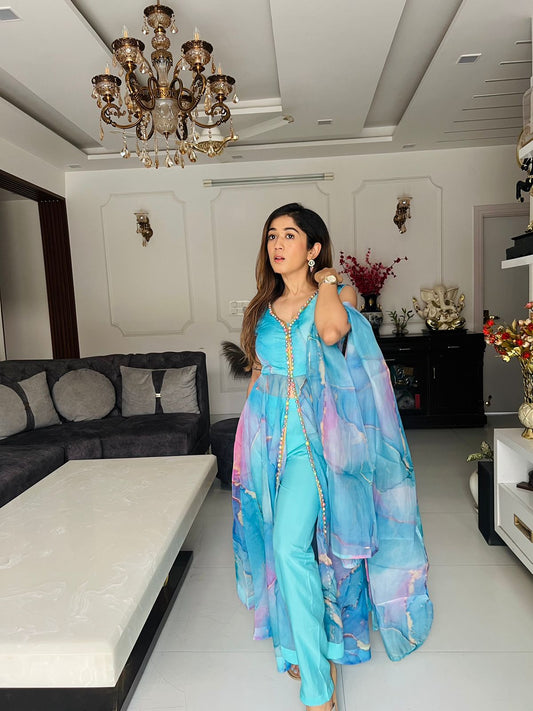 Alluring Sky Blue Color Organza Silk Anarkali Suit