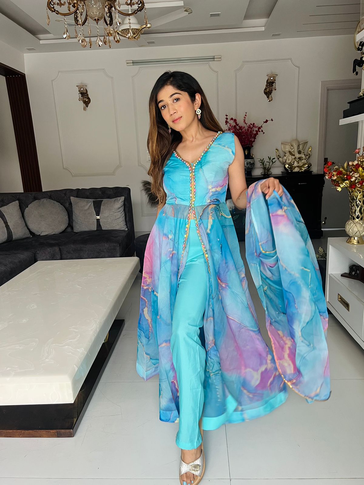 Alluring Sky Blue Color Organza Silk Anarkali Suit