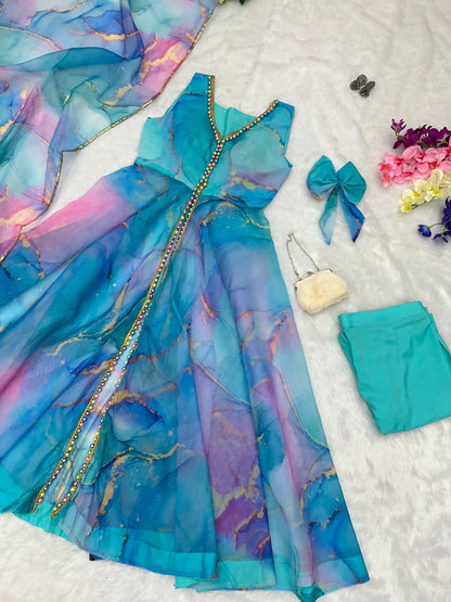 Alluring Sky Blue Color Organza Silk Anarkali Suit