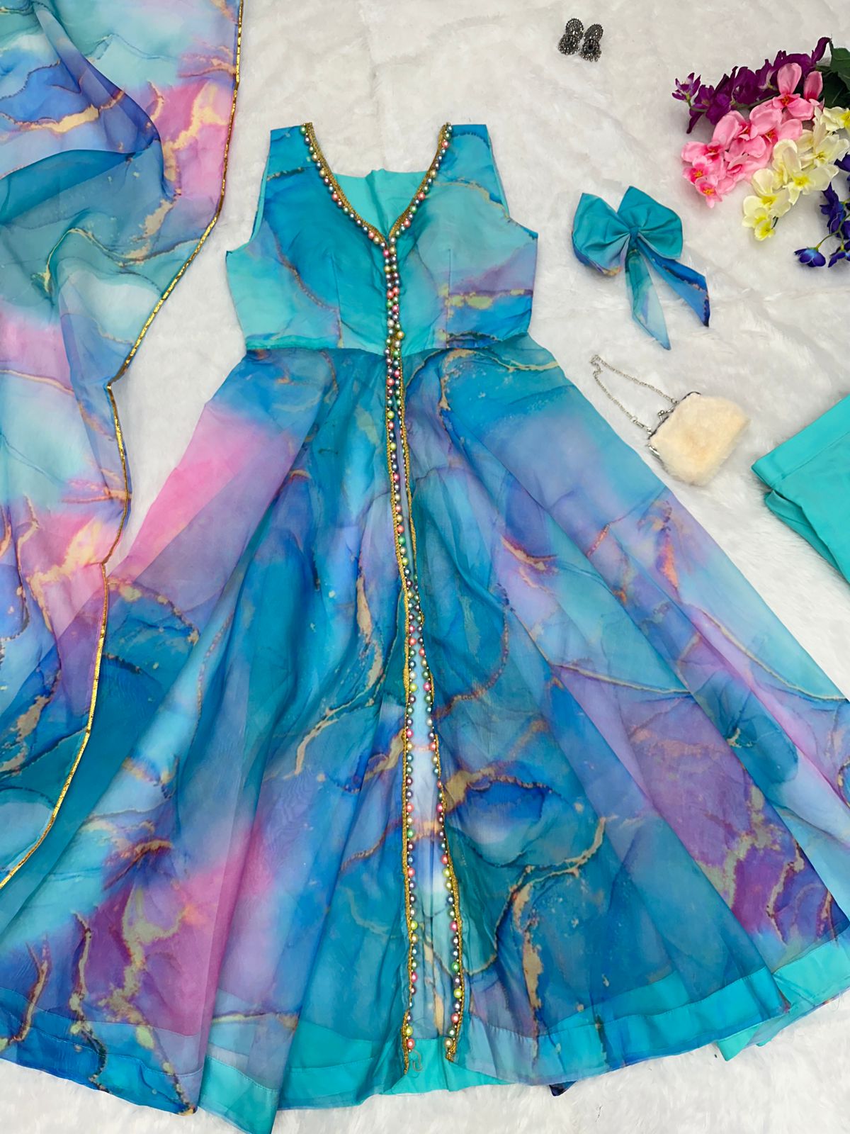Alluring Sky Blue Color Organza Silk Anarkali Suit