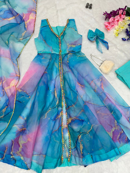 Alluring Sky Blue Color Organza Silk Anarkali Suit