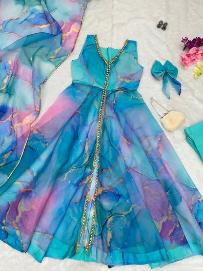 Alluring Sky Blue Color Organza Silk Anarkali Suit