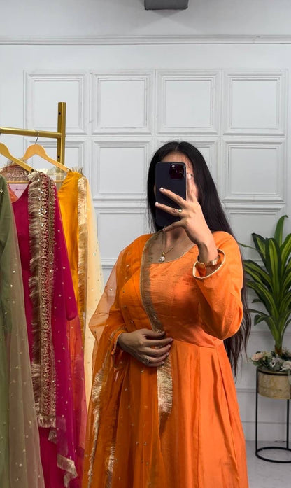 Orange Color Plain Gown With Work Net Dupatta