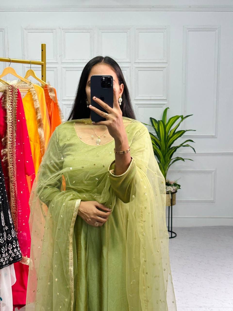 Pista Color Plain Gown With Work Net Dupatta