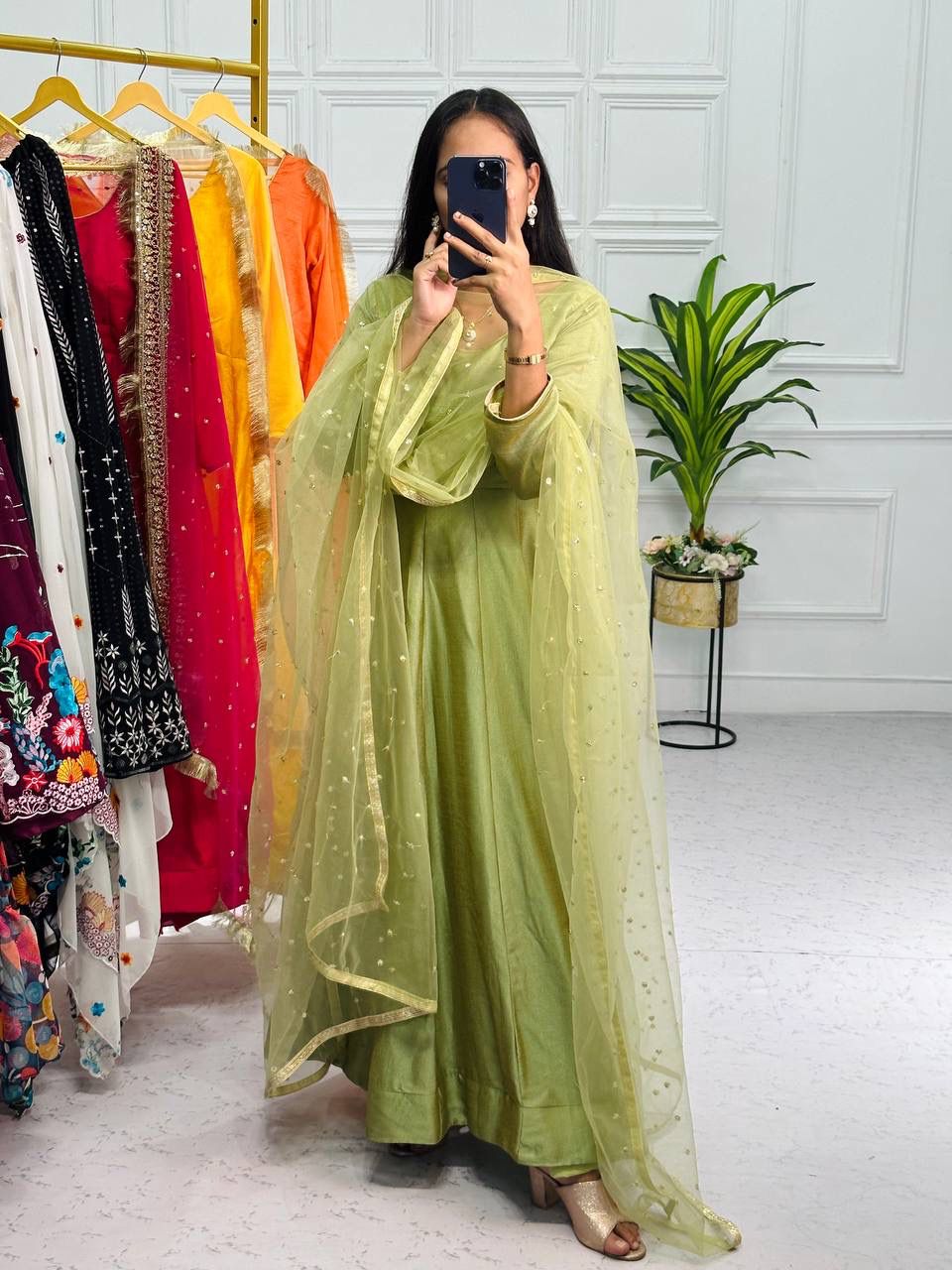 Pista Color Plain Gown With Work Net Dupatta