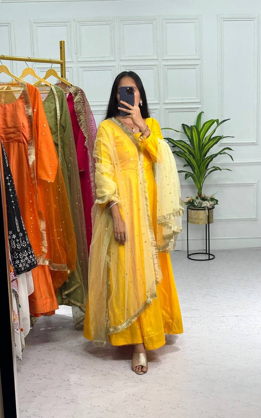 Yellow Color Plain Gown With Work Net Dupatta