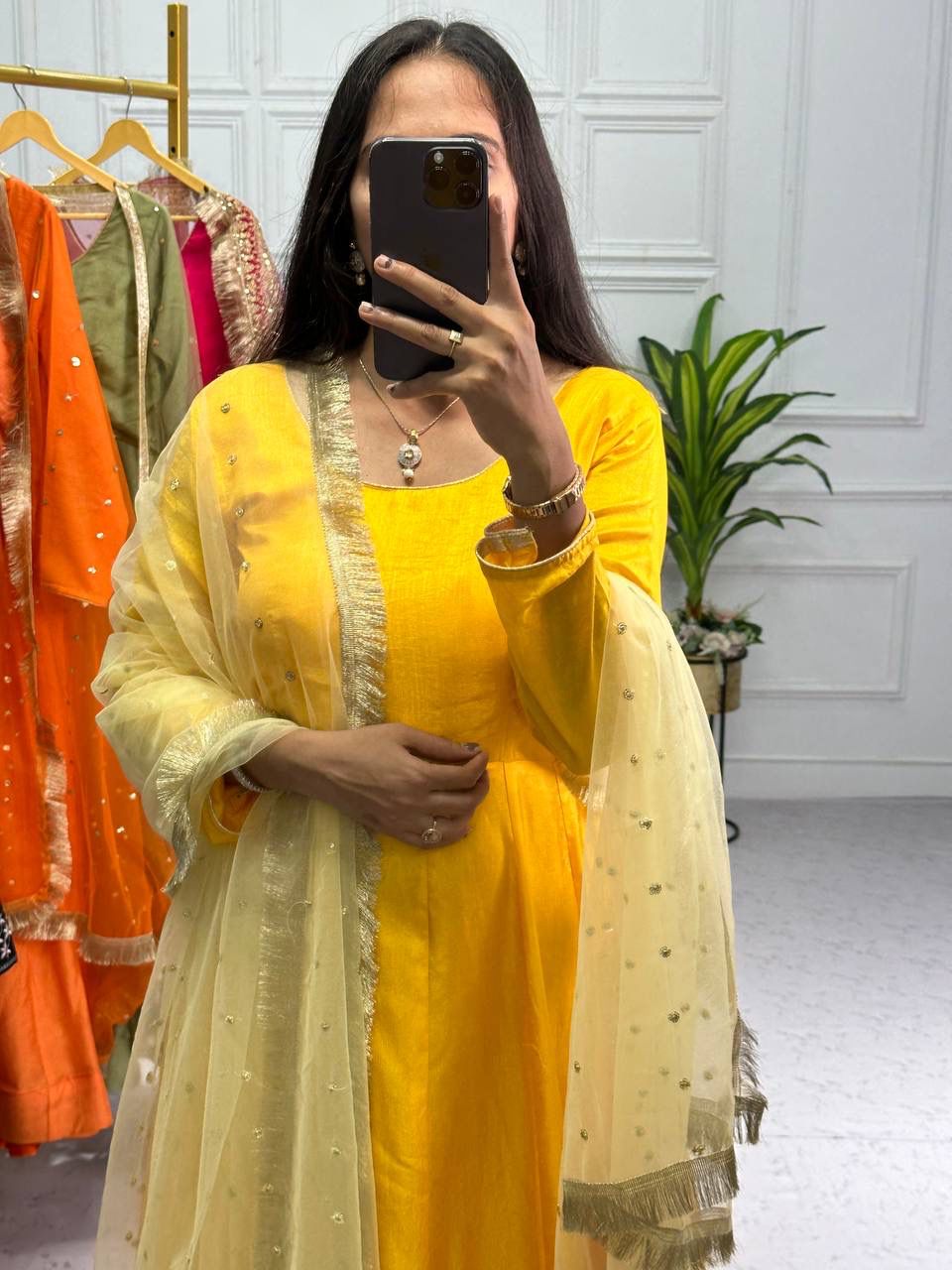 Yellow Color Plain Gown With Work Net Dupatta