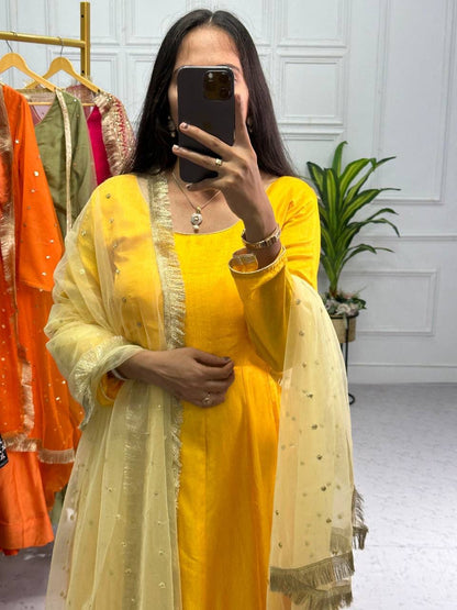 Yellow Color Plain Gown With Work Net Dupatta