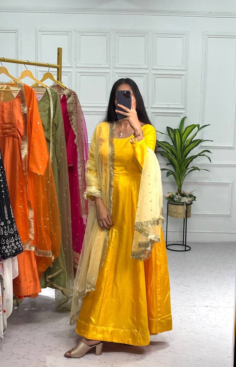 Yellow Color Plain Gown With Work Net Dupatta