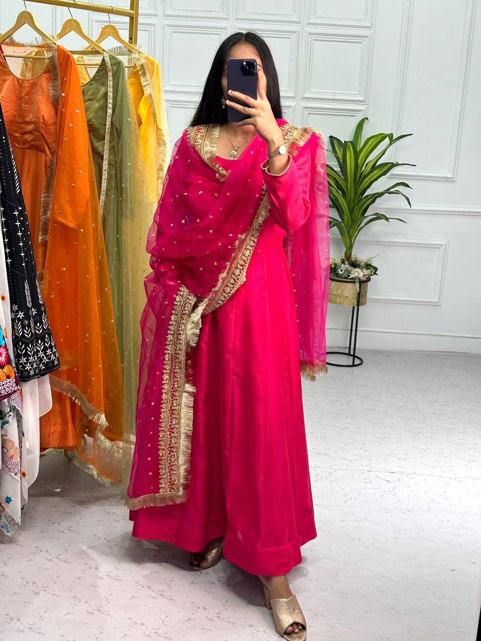 Pink Color Plain Gown With Work Net Dupatta